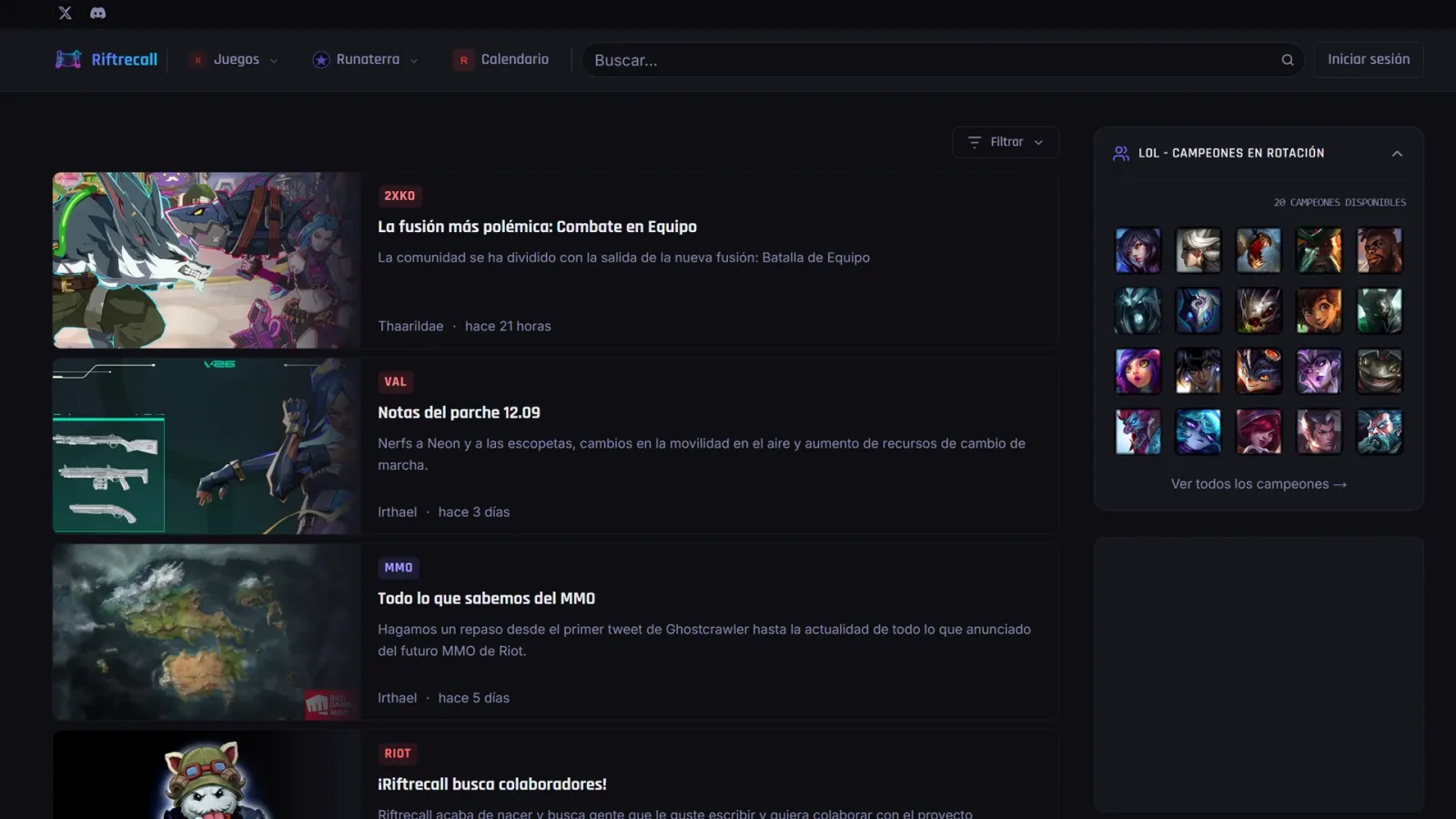 RiftRecall portal de noticias con notas de parche de League of Legends